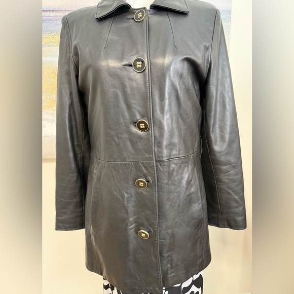 🥳🥳ST. JOHN Marie Grey Collection Leather Coat Jacket, Black - Picture 2 of 16